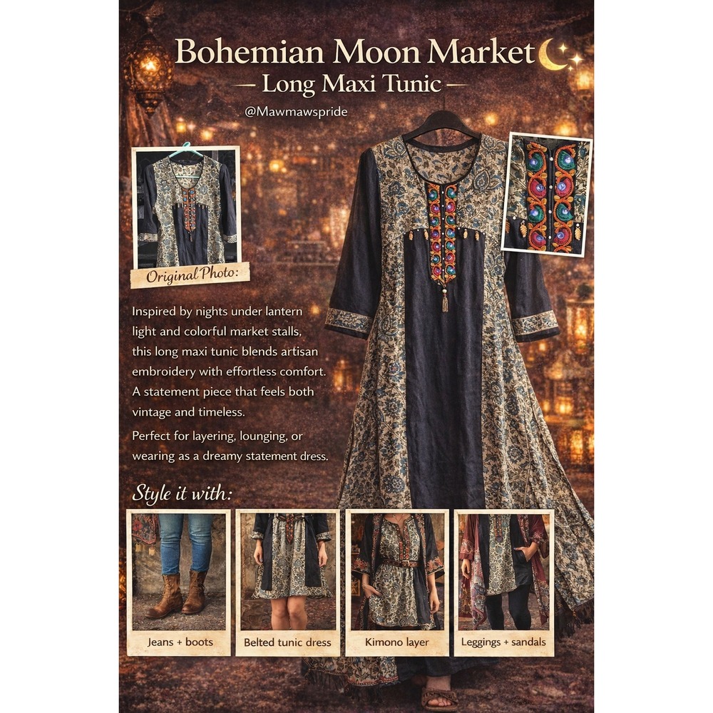 Boho Moon Market Long Maxi Tunic Dress Embroidered Artisan Floral Artsy Small